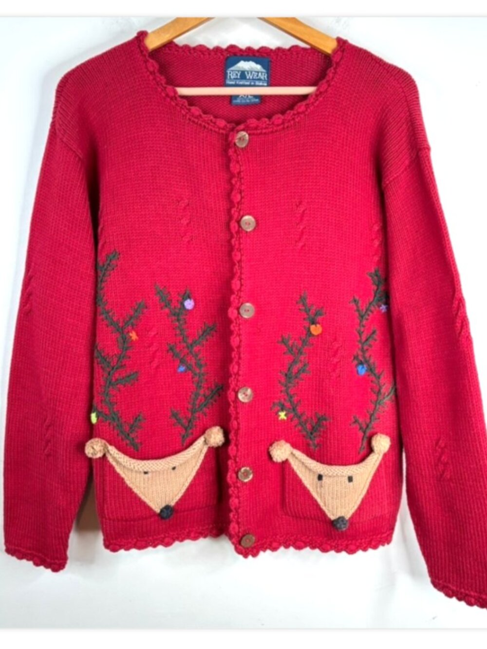 VTG 90s Rey Wear Hand Knit Christmas Cardigan XL Reindeer Pockets 3D Embroidered